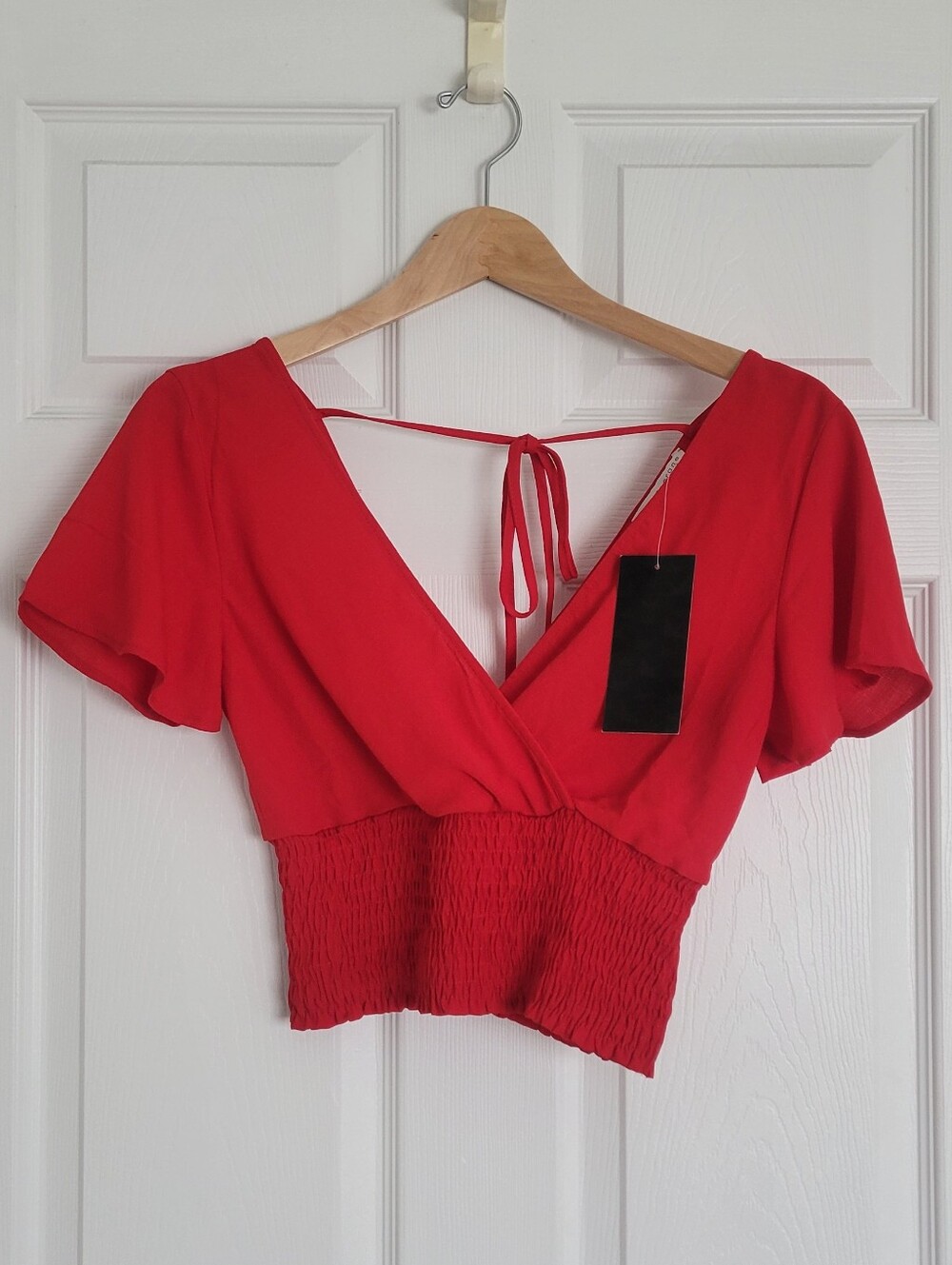 Paper Crane Red V-Neck Smocked Crop Top With Tie Back